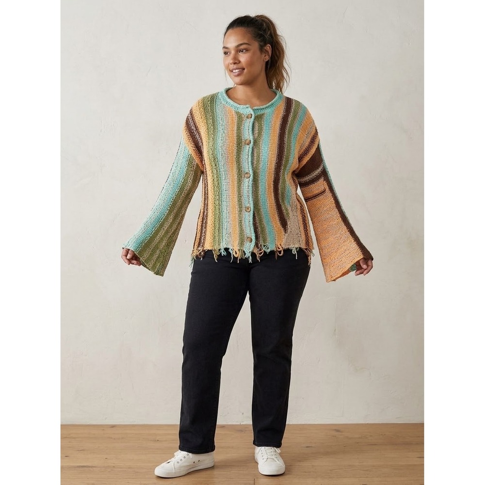 Easel Los Angeles Striped Distressed Knit Cardigan Bell Sleeve Boho Multi-Color